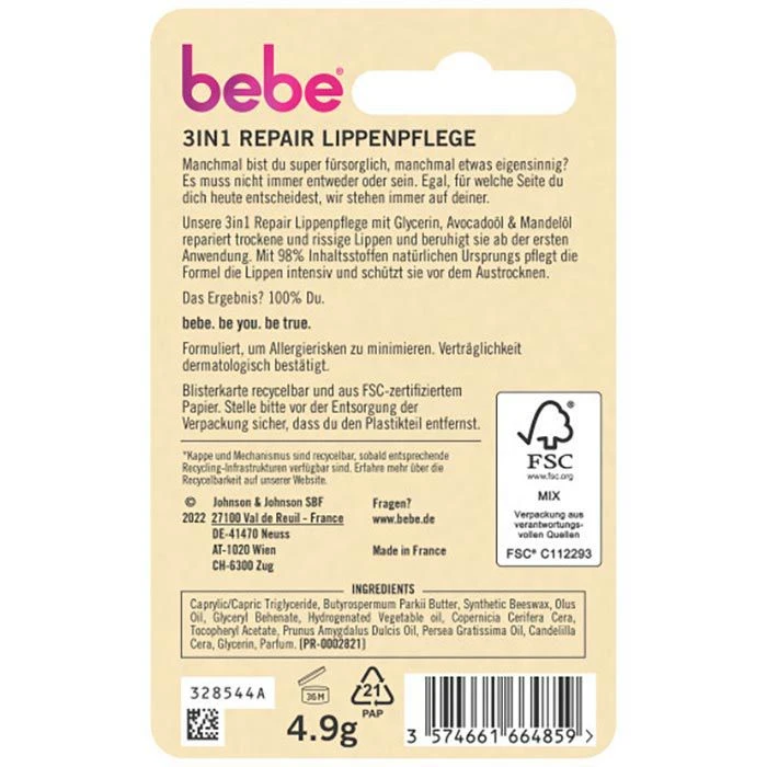 Bebe Lippenbalsam 3in1 Repair Lippenpflege, Mit Glycerin, Avocadoöl Und Mandelöl, 4,9g 8 Bebe Lippenbalsam 3in1 Repair Lippenpflege, Mit Glycerin, Avocadoöl Und Mandelöl, 4,9g – Bild 8