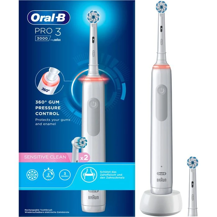 Oral B Oral-B Elektrische-Zahnbürste Pro 3 3000, Weiß, Sensitive Clean, 3 Putzmodi, Mit 2 Aufsteckbürsten 1 Oral B Oral-B Elektrische-Zahnbürste Pro 3 3000, Weiß, Sensitive Clean, 3 Putzmodi, Mit 2 Aufsteckbürsten