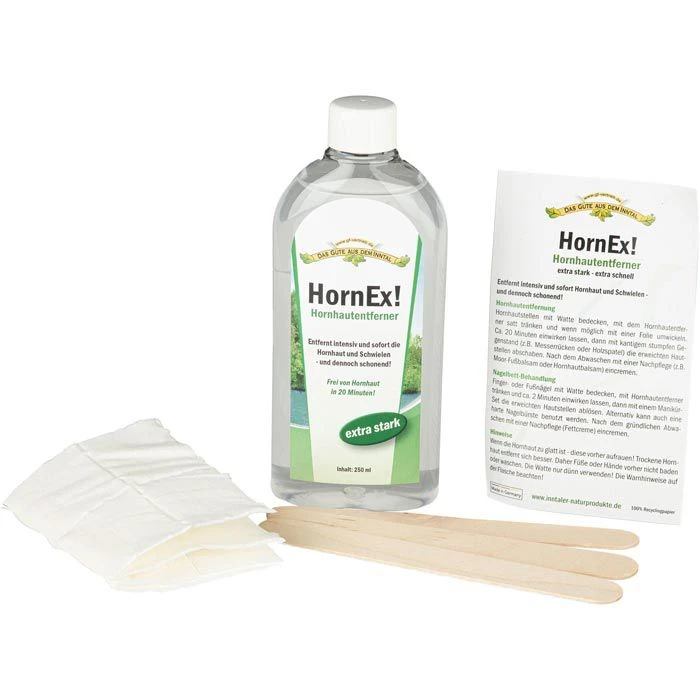 Inntaler Hornhautentferner HornEx!, Extra Stark, Aktiv-Lösung, Inkl. Watte & Spachteln, 250ml 2 Inntaler Hornhautentferner HornEx!, Extra Stark, Aktiv-Lösung, Inkl. Watte & Spachteln, 250ml – Bild 2