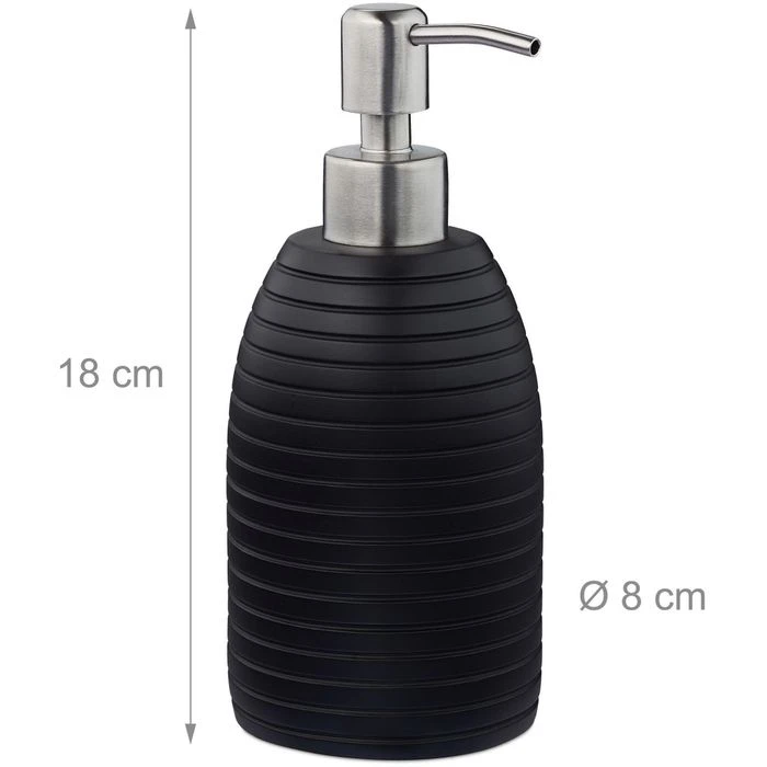 Relaxdays Seifenspender Rillen, Schwarz, Kunststein, Mit Edelstahlpumpe, 300ml 2 Relaxdays Seifenspender Rillen, Schwarz, Kunststein, Mit Edelstahlpumpe, 300ml – Bild 2